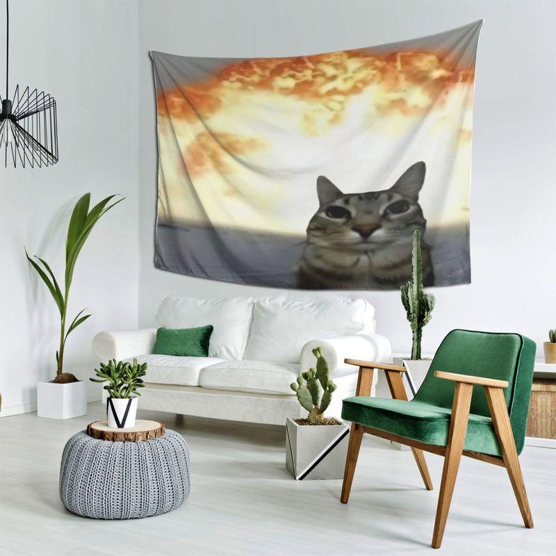Sunset Healing Injustice Internet Celebrity Cat Emoji Tapestry, Cute Wall Art for Bedroom Living Room Decor