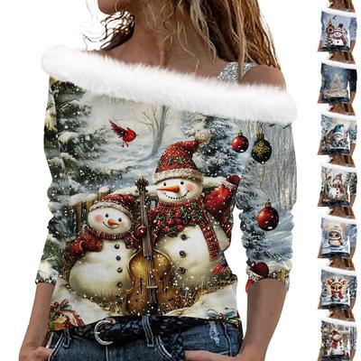 Женские топы с длинными рукавами. Модные женские свободные пуловеры с открытыми плечами с рождественским принтом.