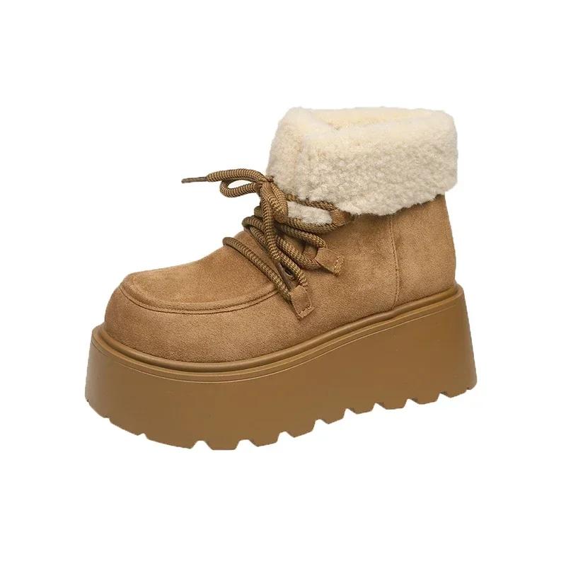 Зимние новейшие пушистые зимние ботинки на шнуровке с круглым носком из натуральной кожи на плоской подошве для женщин, теплые ботильоны на толстой подошве, модные шерстяные зимние ботинки
