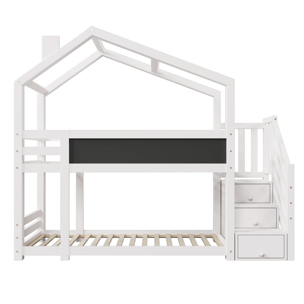 Children's Treehouse Bed 90 x 200 cm, Bunk Bed with Chimney & Storage and Fall Protection, White, incl. Board – 2x Slatted Frame (Without Mattress)