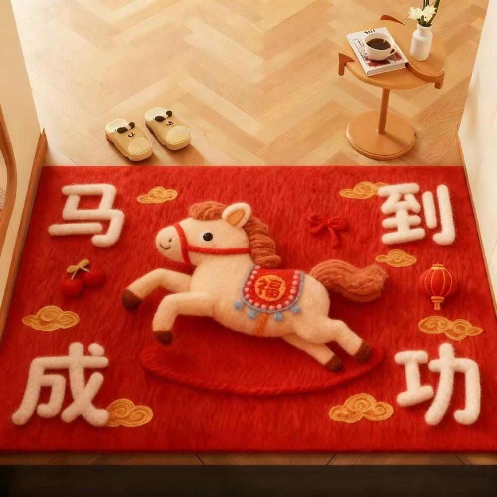 Новый Коврик для двери с рисунком лошади на Новый год Красный Нескользящий Коврик для ванной Влагопоглощающее одеяло Домашние украшения