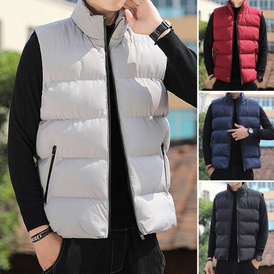 Men Waistcoat Stand Collar Sleeveless Slim Fit Vest Coat with Pockets Solid Color Zipper Closure Windproof Quilted Waistcoat