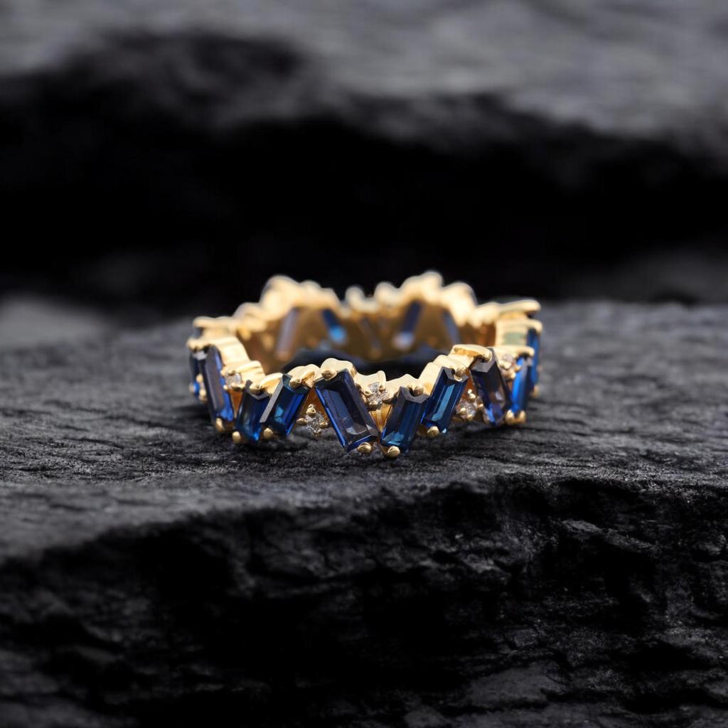 Baguette Cut Sapphire Wedding Band 18k Gold Vintage Delicate Ring Blue Gemstone Band Eternity Matching Band Birthstone Jewelry Gift For Mom