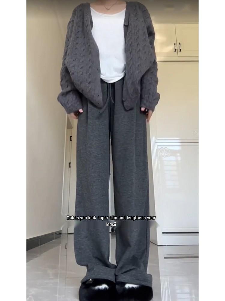 Женские брюки большого размера кофейно-коричневые с широкими штанинами и текстурой липкого риса - Весенне-осенние повседневные длинные брюки свободного кроя