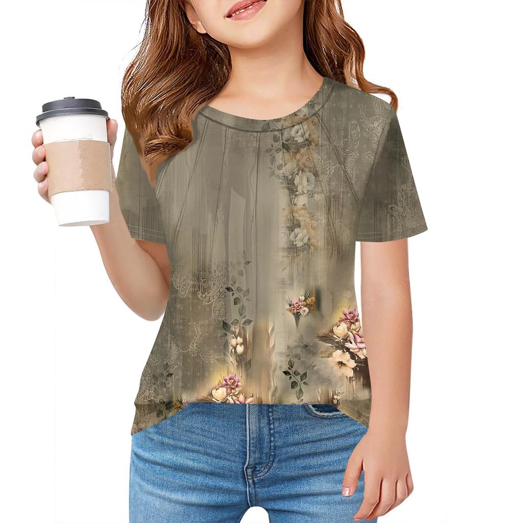 Детская футболка Fold A для девочек, летняя модная куртка с круглым воротником и цветочным принтом с короткими рукавами