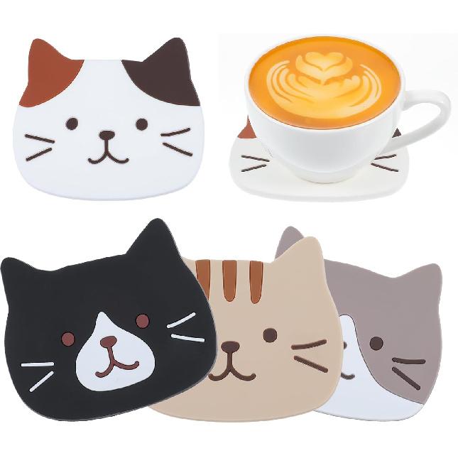 4Pcs Funny Cat Coasters for Drinks, Cute Cat Cup Holder, Silicone Small Coasters for Coffee Table Dinning Room Decorations Non Slip Hot Pads for