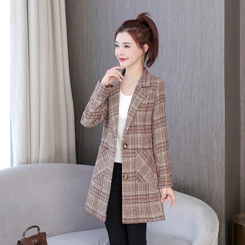 Элегантное шерстяное пальто в сетку, женское тонкое пальто средней длины, осенне-зимние куртки, однобортный шерстяной пиджак, верхняя одежда 5XL