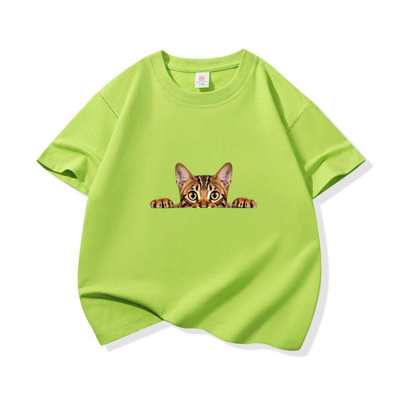 Kids Pure Cotton T Shirt Peeking Bengal Cat Print Crew Neck Short Sleeve Tee Casual Breathable Boys Girls Summer Tops