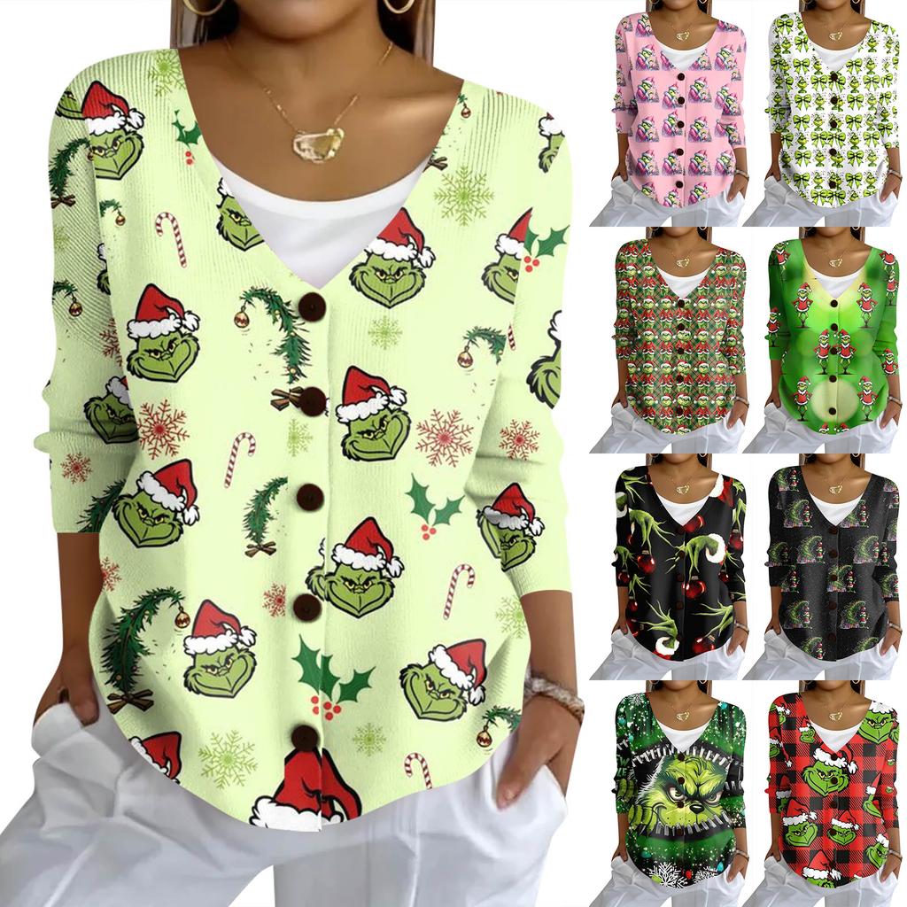 Women's Fashion Casual Knit Sweater Button-Up Christmas Print Cardigan Jacket