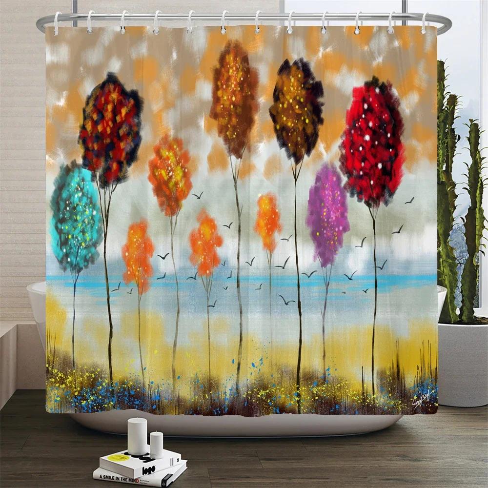 Stunning Watercolor Trees Print Water-resistant Shower Curtain with Artistic Design and Soft Colors for Vibrant Bathroom Decor