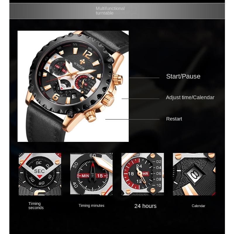 WWOOR Мужские часы с кожаным ремешком, повседневные деловые мужские часы, водонепроницаемые модные кварцевые мужские часы