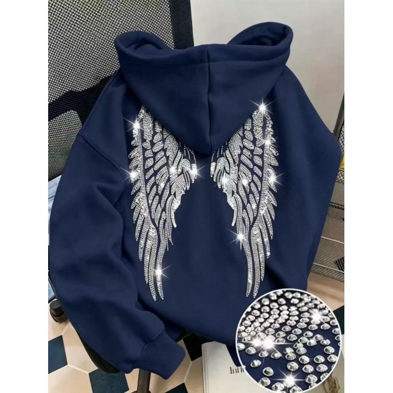 2026 Trendy Hoodie Loose Fit Rhinestone Wings Sweatshirt Casual Streetwear Teens Youth