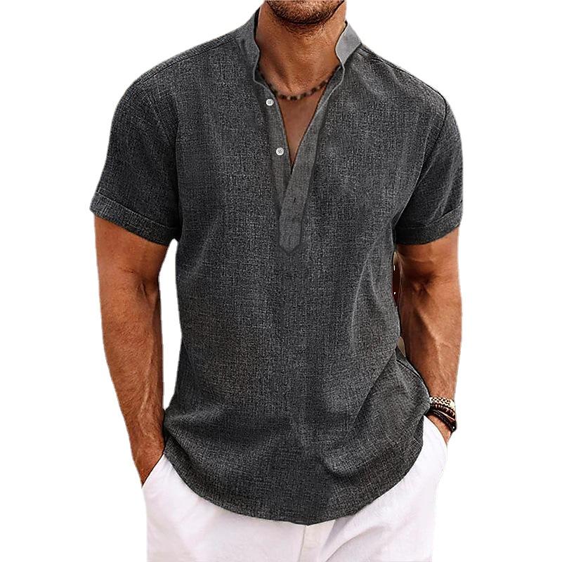 Men's Linen Shirts Short Sleeve Button Up Neck Stand Collar Casual Summer Home Daily Shirts