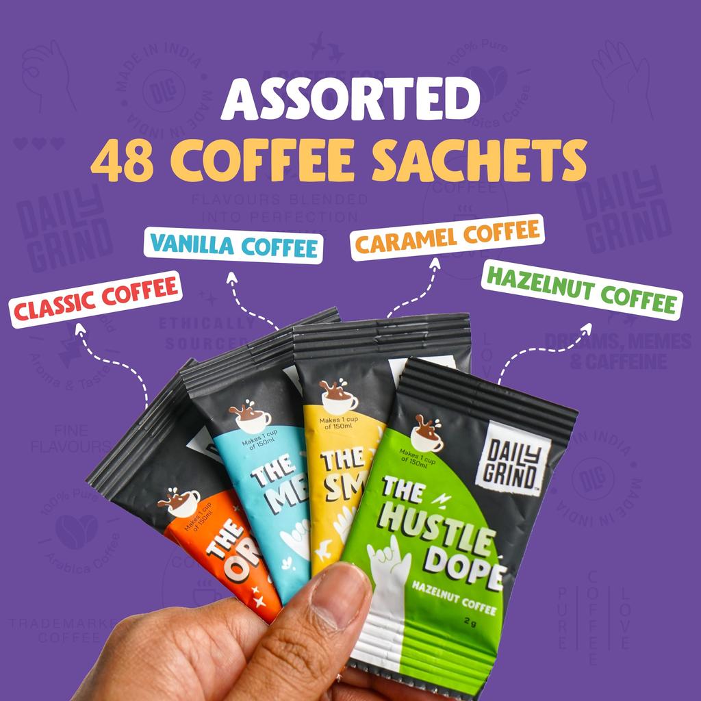 DAILYGRIND Instant Coffee Sachets - Pack of 48 | 4 Flavors (2g X 48) | Assorted Coffee Powder Sachets with Jar - Classic, Hazelnut, Vanilla