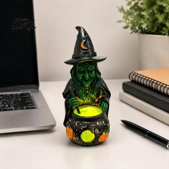 Scary Witch Cauldron Ornament Halloween Lamp Figurine, Resin Witches Lighted-Up Festival Party Table Decor Cauldron, Supplies Shelf Fireplace