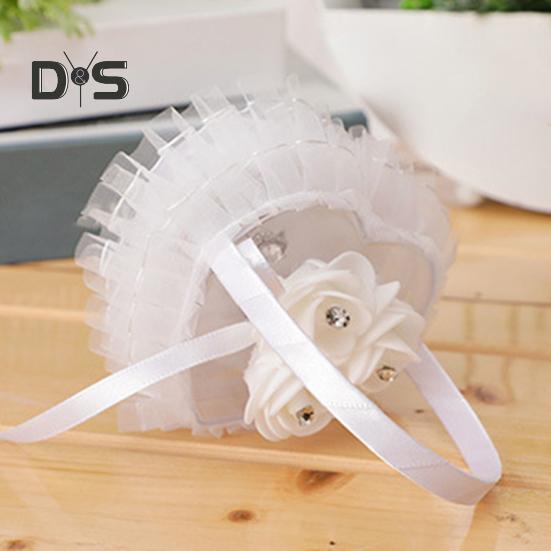 Rhinestone Decor Wedding Ring Pillow Rose Beautiful Wedding Elegant Lace Jewelry Case
