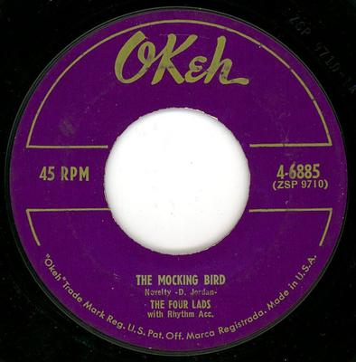 7-дюймовая пластинка FOUR LADS - The Mocking Bird / I May Hate Myself 46885 Okeh 1952 US Поп Б/у