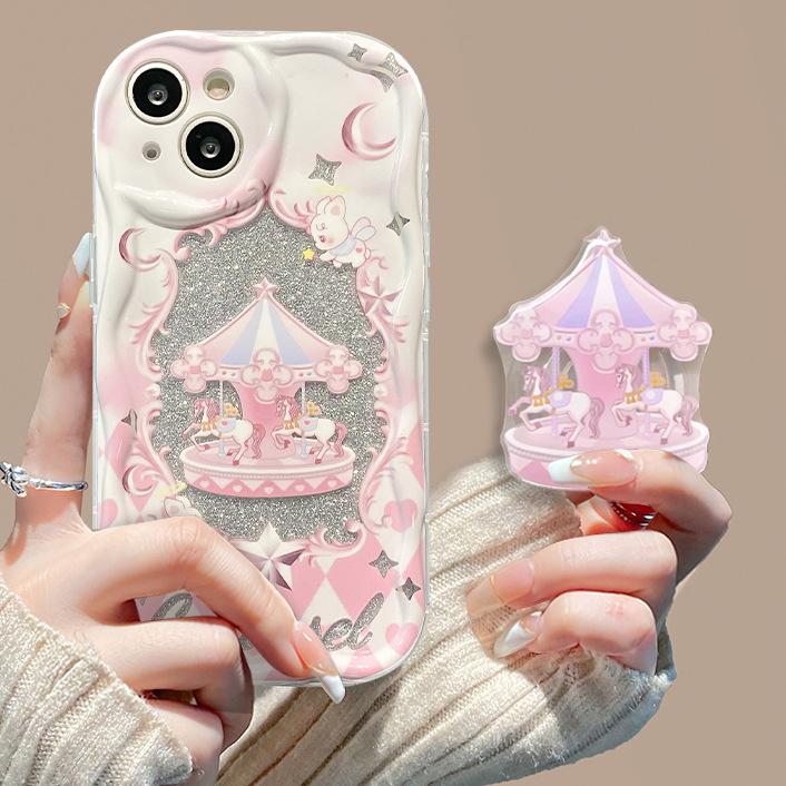 Подходит для чехла для мобильного телефона Apple 14promax iPhone 13 Милая карусель Подставка Цепочка 11/12 Прозрачный