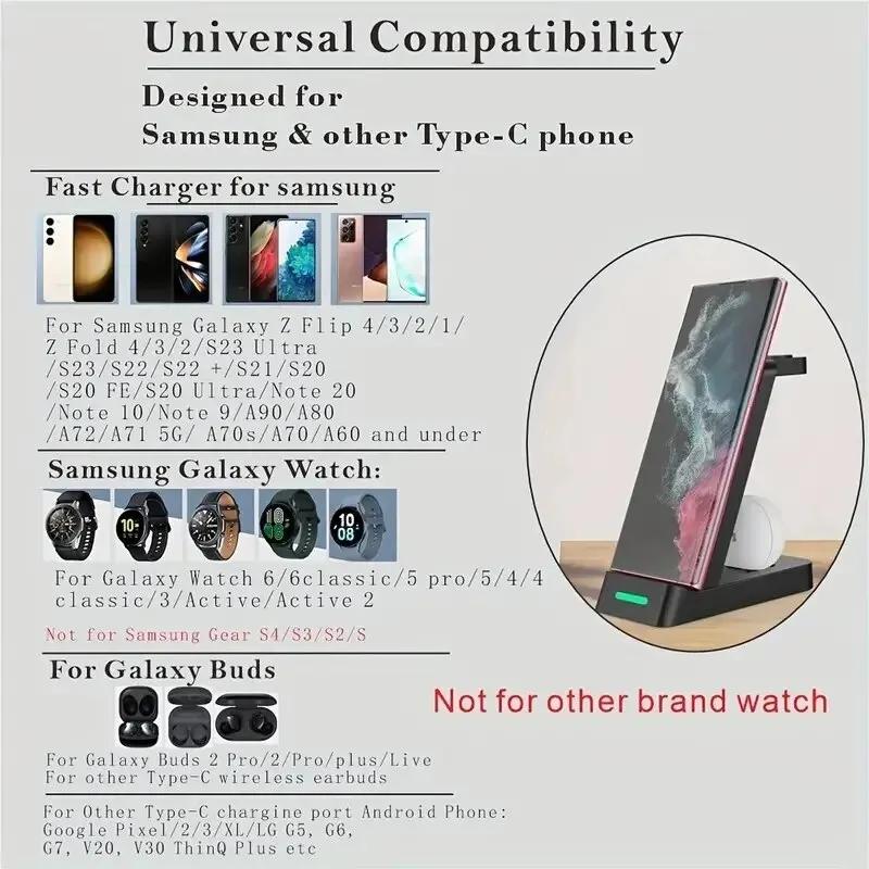 3 In 1 Charging Station for Samsung S24 S23 S22 Note Z Fold Fast Wireless Charger Stand for Galaxy Watch 5 4 3 Activer 2/1 Buds