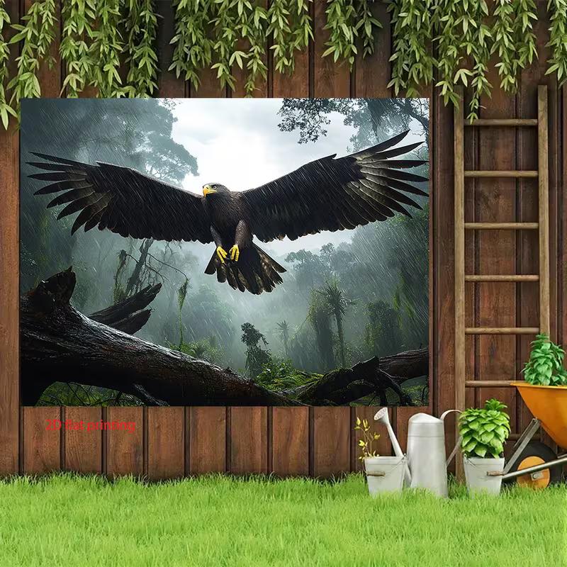 2D Eagle in Flight Tapestry Misty Rainforest with Falling Rain