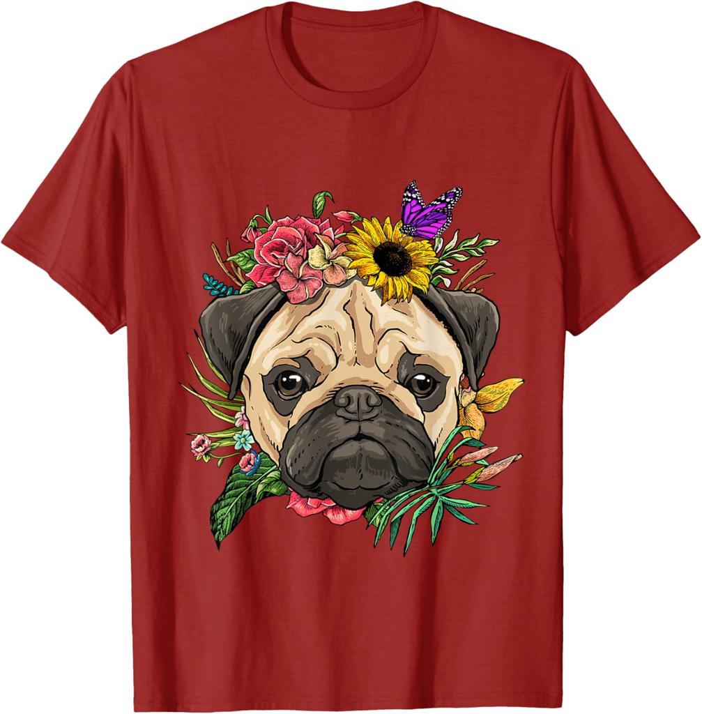 Pug Face Flower Crown Butterfly Graphic Tee Soft Cotton Casual Trip T-Shirt