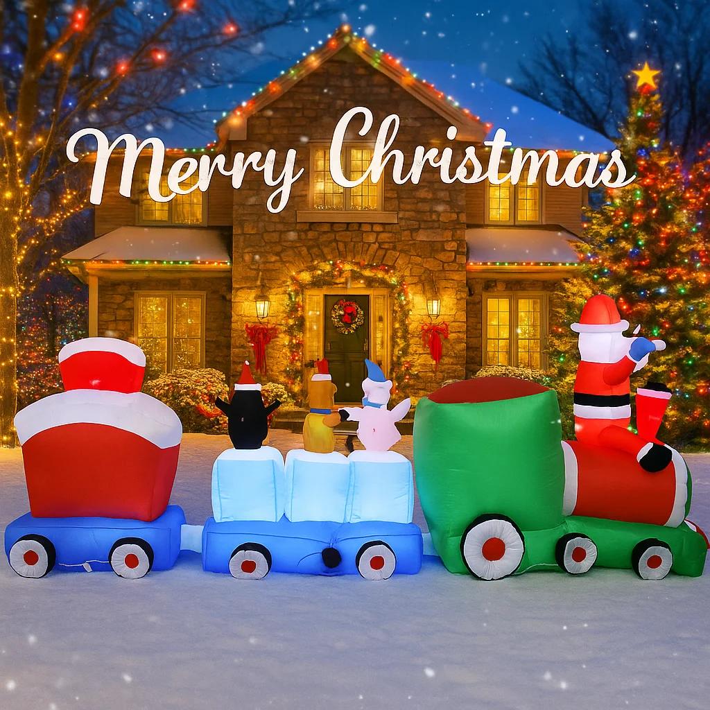 8.85FT Christmas Inflatable Toys LED Train Decoration Santa Claus Friends Supplies Home Ornament Festive Gift Xmas Yard Decor
