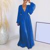 Women Evening Dress Deep V Neck Pleated Long Sleeves Solid Color High Waist Vacation Beach Party Maxi Dress Prom Long Dress