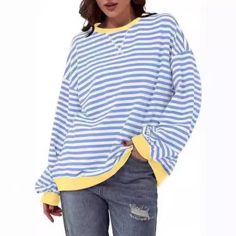 Футболка осень-зима в минималистичном стиле для дома, повседневная, с полосатым узором, женская, с круглым вырезом, длинными рукавами, футболка с цветными блоками