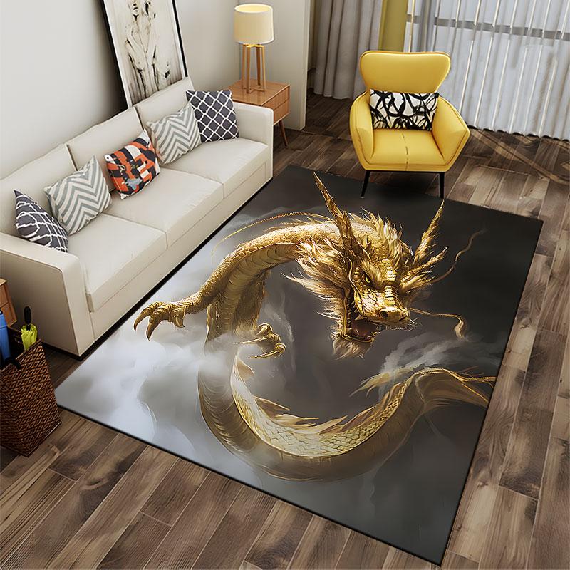 Golden Dragon in Mystical Clouds suitable as a non-slip mat for the living room or bedroom sofa