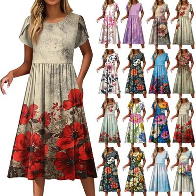 Женские модные повседневные свободные платья с круглым вырезом и карманами с коротким рукавом