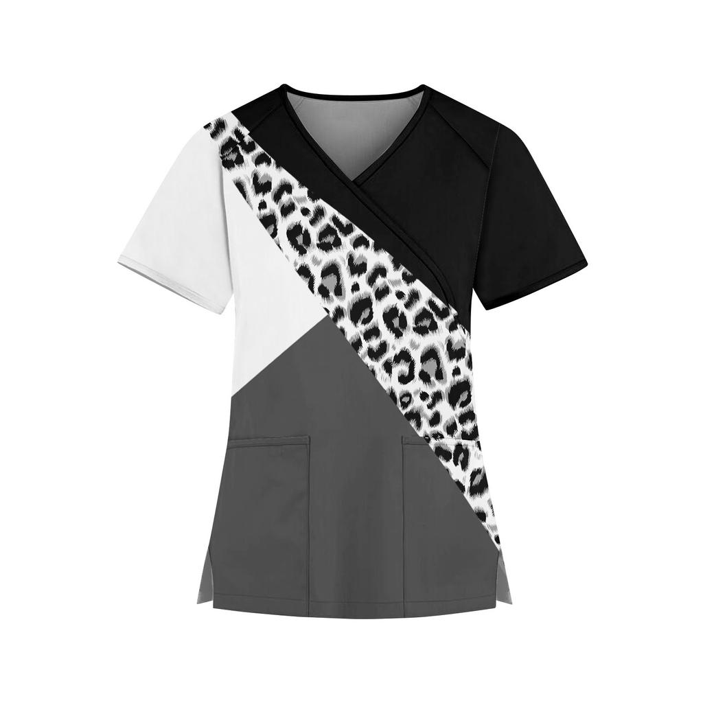 Женская модная рабочая одежда с v-образным вырезом и принтом, короткими рукавами и карманами, топы