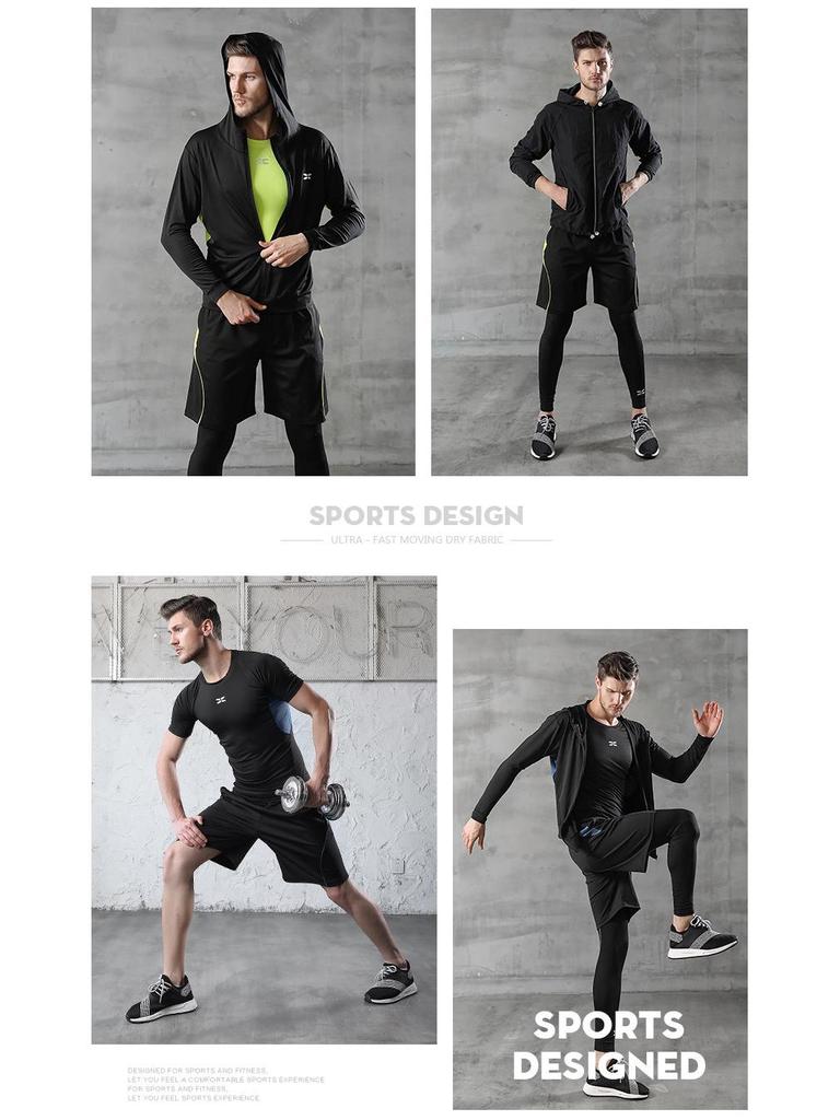 Мужской фитнес-костюм-пятерка черного цвета: Куртка, Короткий рукав, Футболка, Большой размер Спортивный костюм