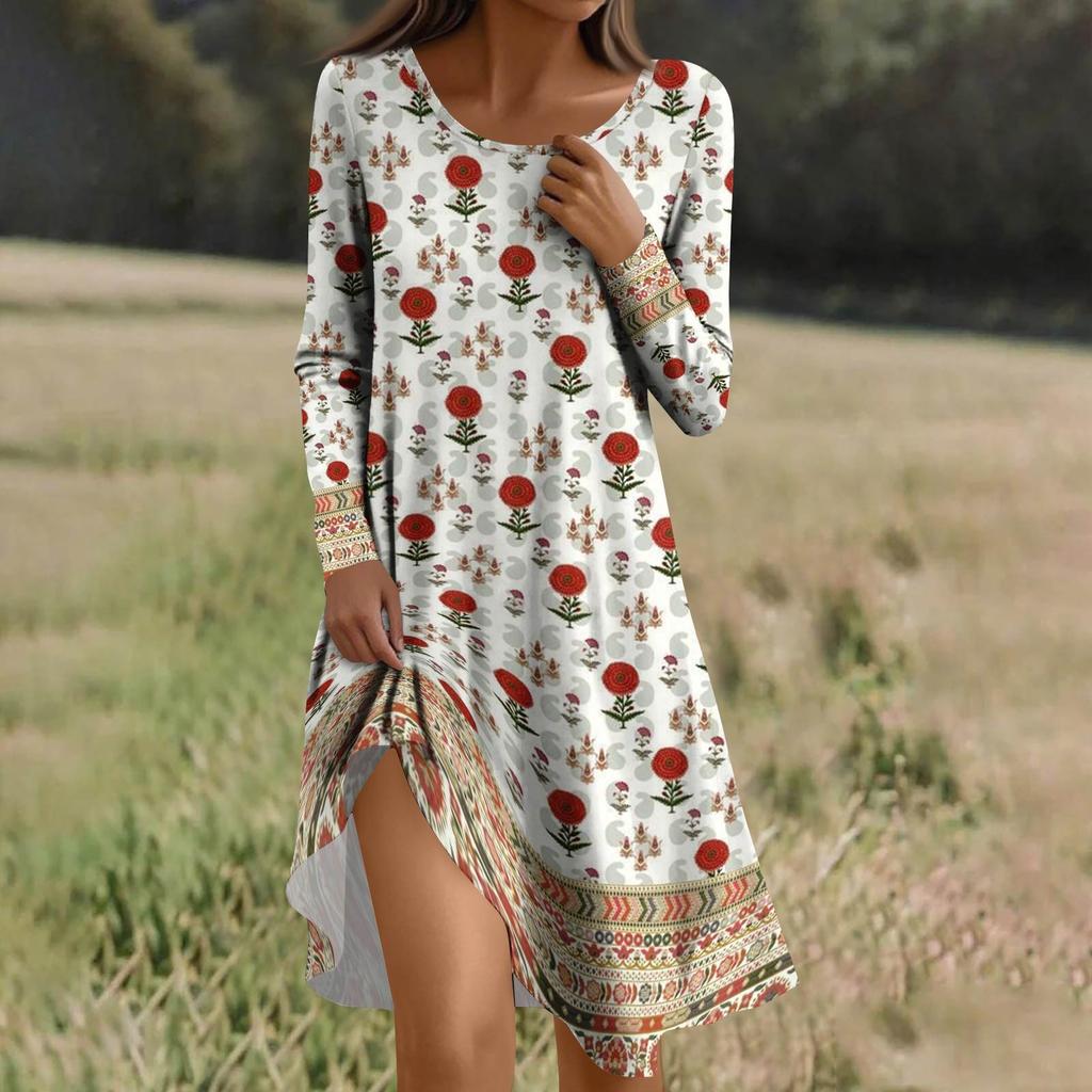 Long  Sleeve Dress For Women Casual Loose Fit Print Dress With Pockets
