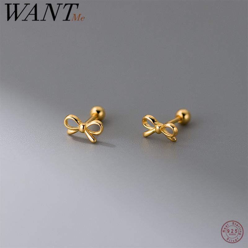 WANTME 925 Silver Romantic Bow Screw Bead Piercing Stud Earrings for Women Fashion Simple Cute Girls Party Jewelry Gift