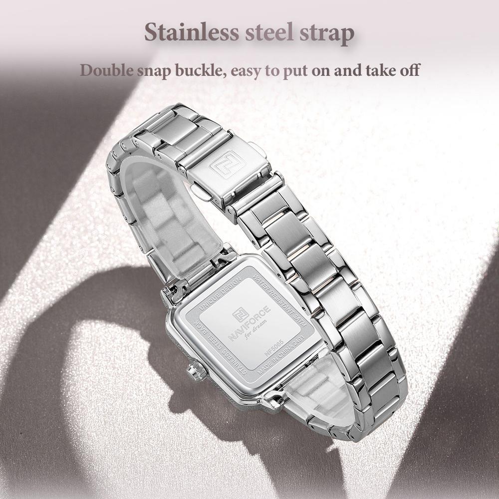 NAVAFORCE Женские кварцевые часы Церемония Вечеринка Ремешок из нержавеющей стали Водонепроницаемые Квадратный римский циферблат Женские повседневные модные аксессуары Часы NF5065
