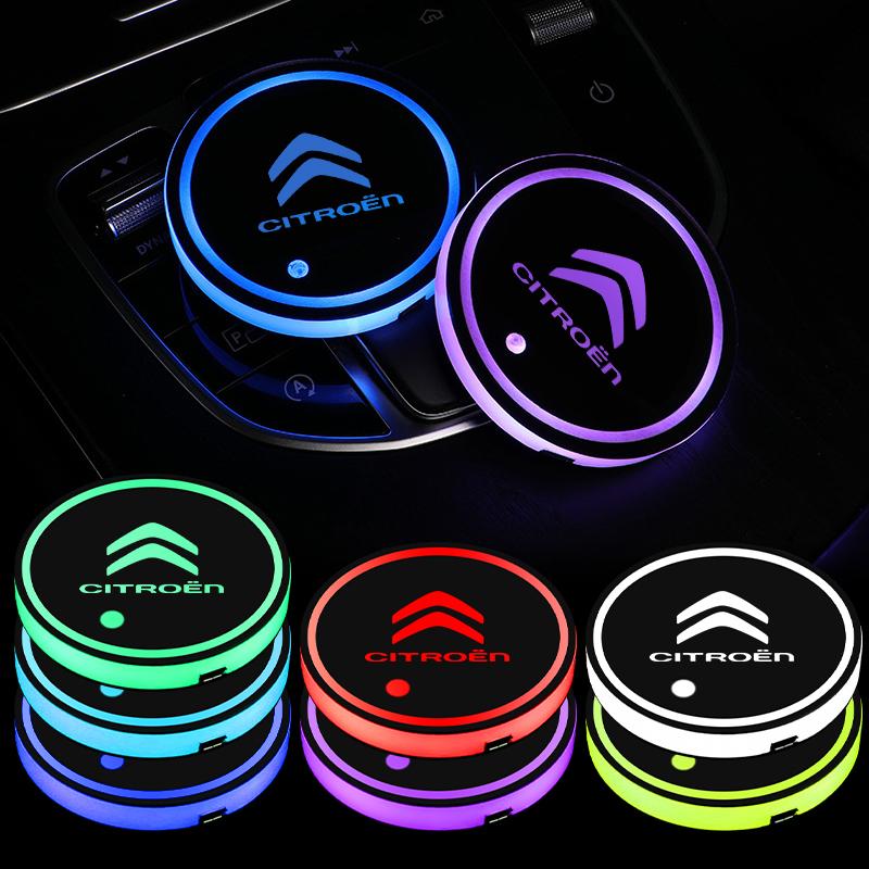 qdkws4 1/2Pcs Led Lights Car Coaster Luminous Water Cup Anti-slip Mat For Citroen Picasso C4L C-ELYSEE Berlingo C3 C5 Aircross Xsara