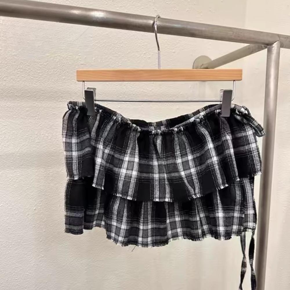 Hip-hop Layer Outfits Plaid Skirt Shirt Extender Ruffled Edge Waistband Jeans Decor