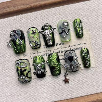 Квадратные накладные ногти миндалевидной формы, французский маникюр с 3D-дизайном, акриловые ногти с полным покрытием на клеевой основе, искусственные накладные ногти для женщин