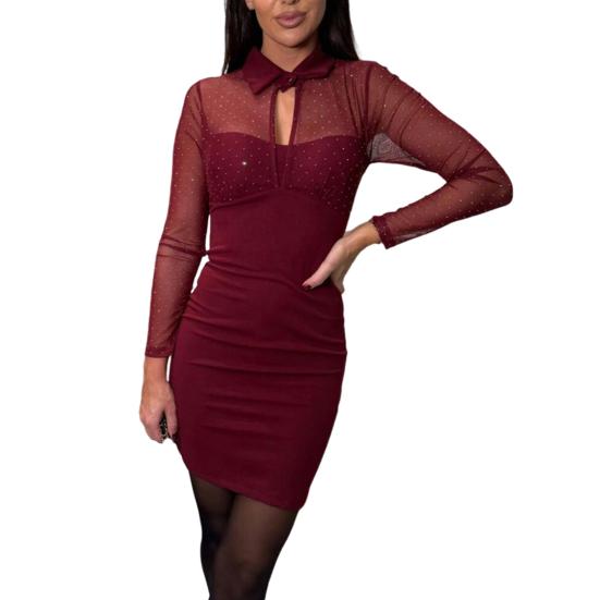 Женское платье с ажурной сеткой в стиле пэчворк, облегающее мини-платье из двух частей с отложным воротником, эластичное короткое платье для выпускного вечера в клубе