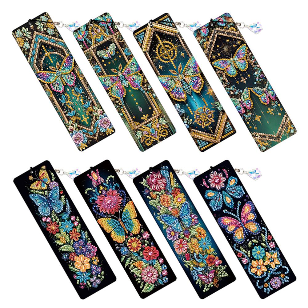 8Pcs Diamond Painting Art Bookmarks Colored Patterns DIY Diamond Painting Bookmark with Crystal Pendants for Reading Enthusiasts