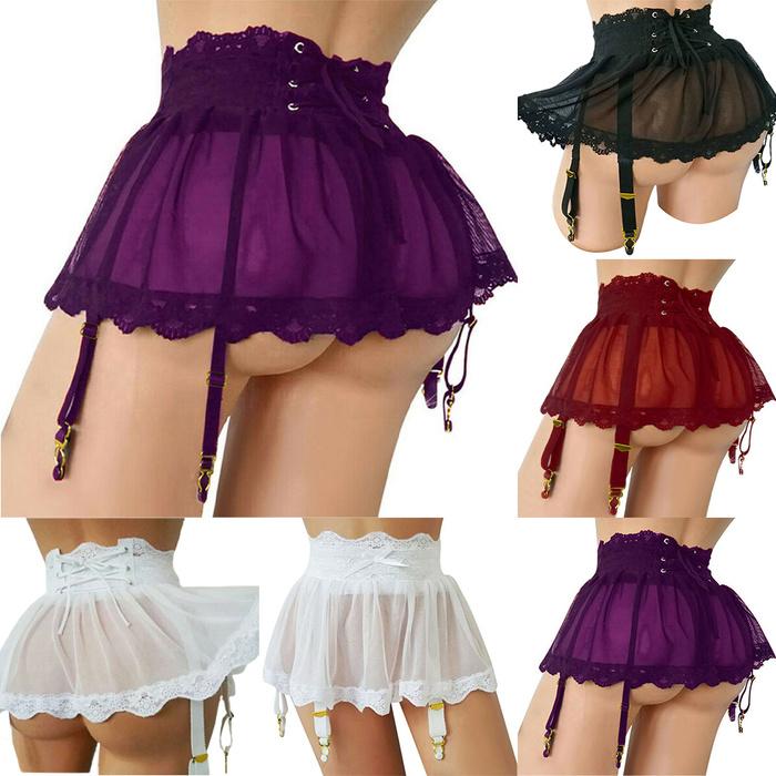 Women's High Waist Mini Skirt Lingerie Lace Patchwork See Through Mesh Bandage Sexy Nightwear