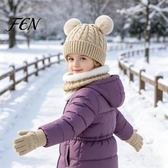 Thickened Warmth Set for Autumn Kids Winter Warm Knit Set, Bear Ear Hat, Fleece Lined Neck Gaiter & Five Finger Gloves Toddlers Full Gloves,