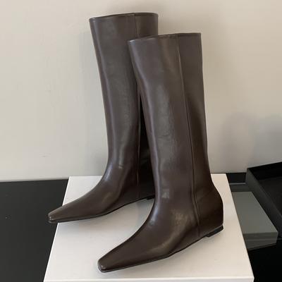 Мода Eilyken Мягкая кожа Заостренный носок Женские ботфорты Модные танкетки Низкий каблук Женская обувь Длинные ботильоны Zapatos De Mujer