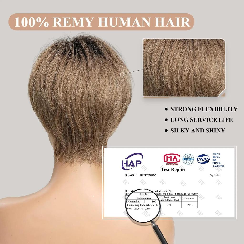 HAIRCUBE Парики спереди на шнуровке Ombre Коричневые человеческие волосы Remy Пепельно-коричневые волосы со стрижкой пикси с челкой Короткий прямой парик для женщин Боб Человеческий парик