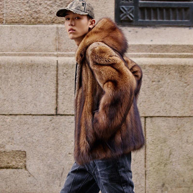 Мужская короткая коричневая шуба из искусственного меха на молнии с воротником-стойкой Теплая зимняя куртка Повседневная уличная одежда