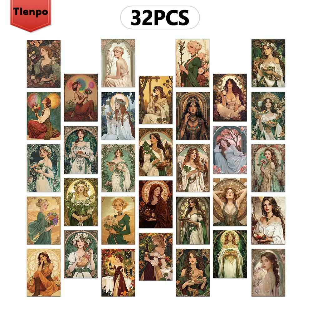 32pcs, Vintage Art Nouveau Women's Postcard Set, Mailing Cards, Greeting Cards, DIY Cards, Memorial Postcards, Decorations