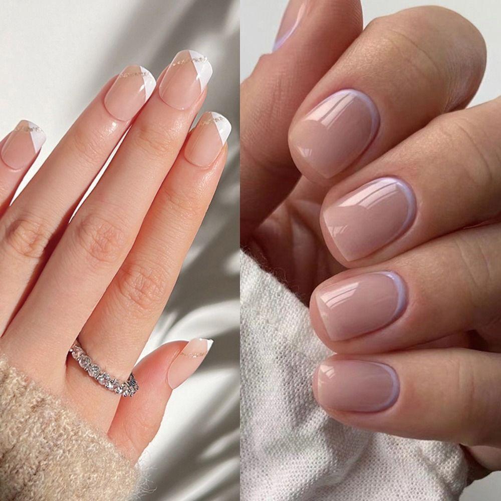 24pcs Press on Nails Full Cover Glitter Short Square Fake Nails French