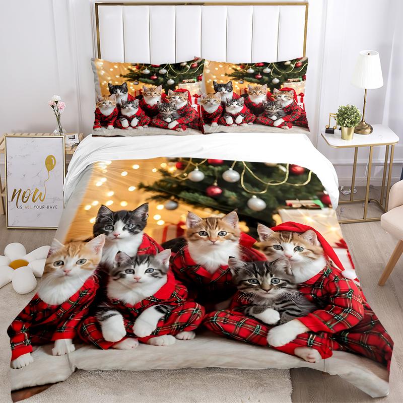 3Pcs Christmas Cats Plaid Pajamas Bedding Sets For All Sizes New 3D Printed Bed Cover Comforter Duvet Cover Pillowcase Bedroom Decoration