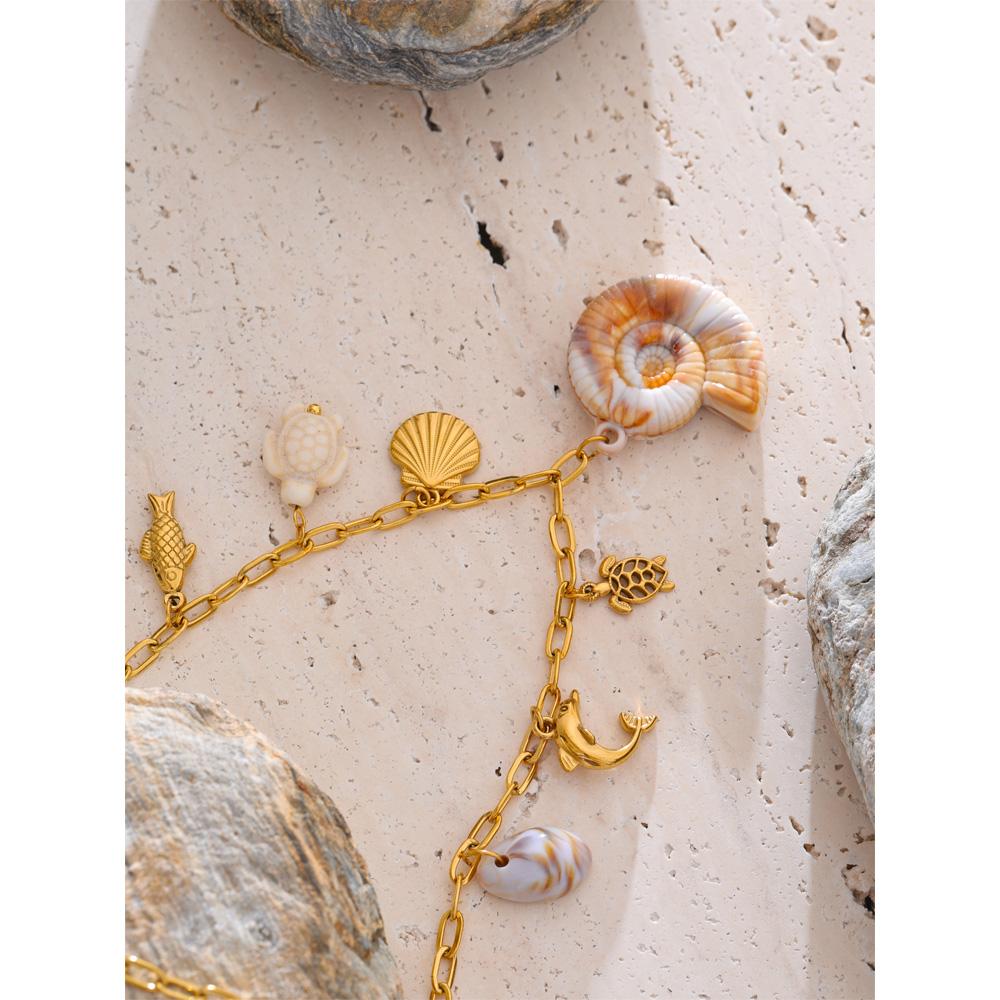 Yhpup Starfish Shell Resin Dolphin Conch Charms Pendant Trendy Necklace for Women Stainless Steel Ocean Series Golden Jewelry