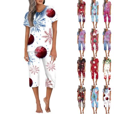 Женская повседневная спортивная пижама с коротким рукавом и укороченными брюками с рождественским принтом